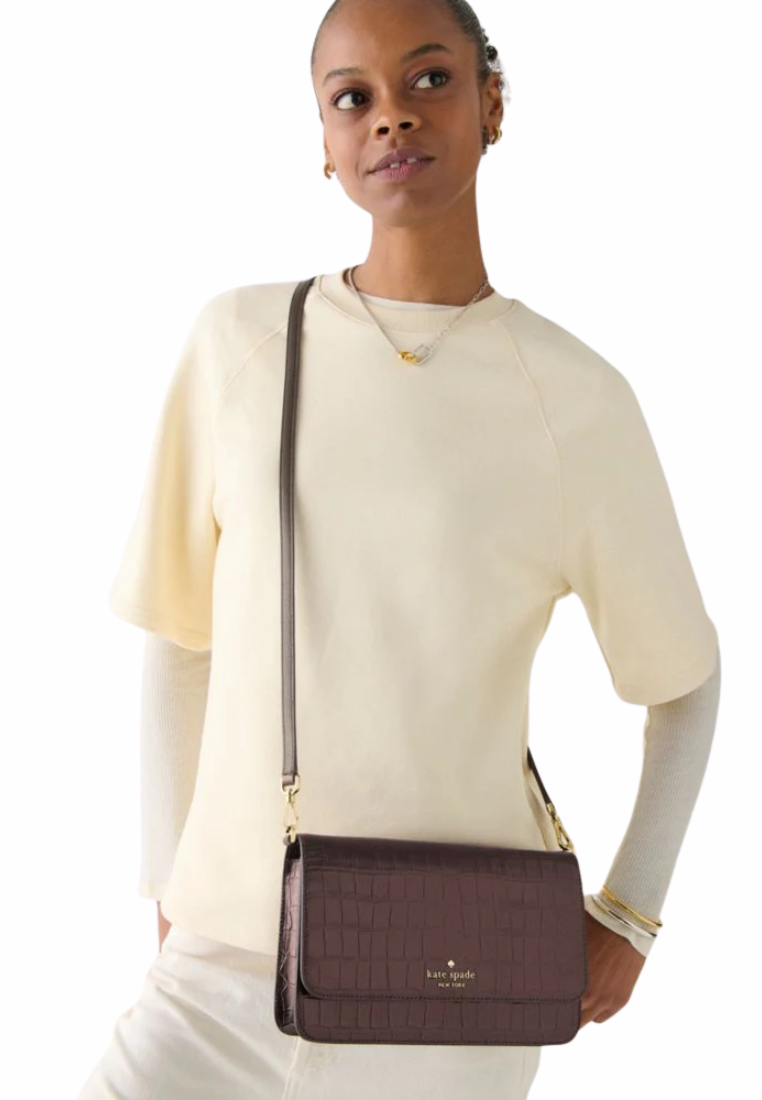 Kate Spade Madison Croc Embossed Willow Crossbody Bag In Hot Fudge KN236
