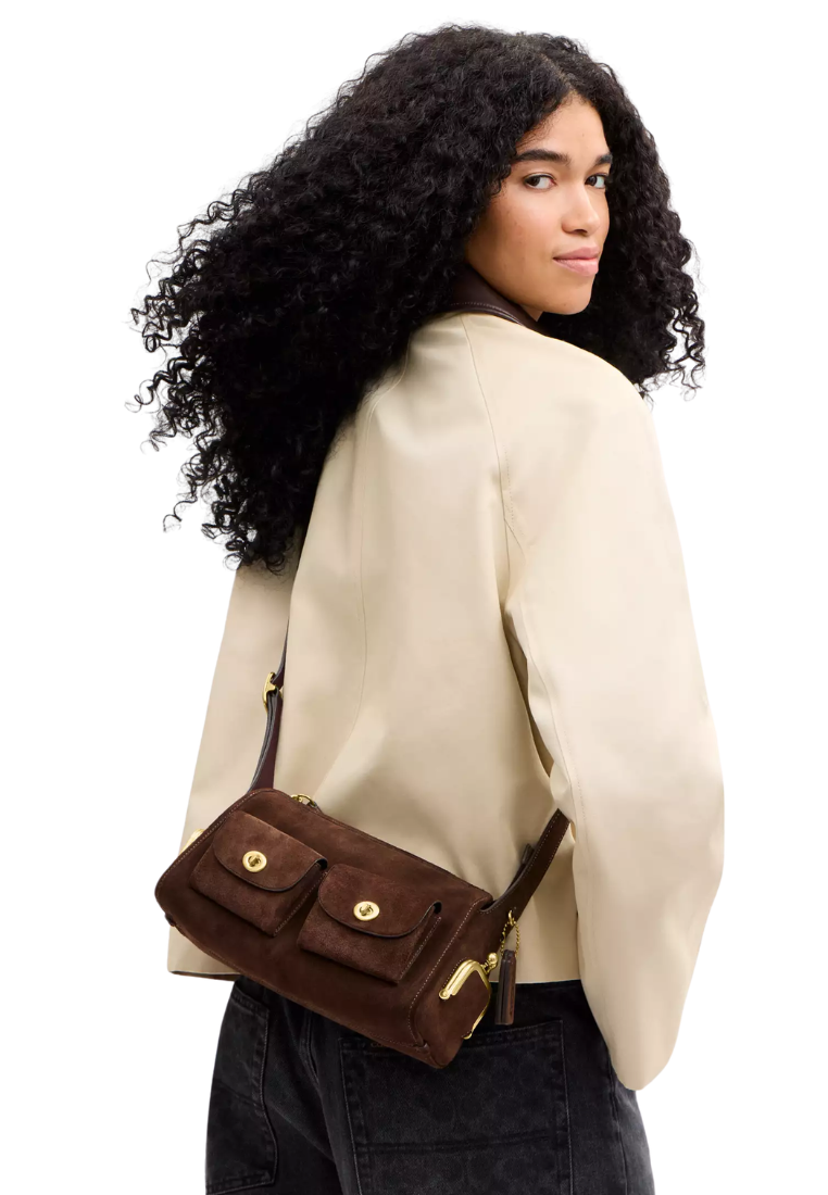 ( PREORDER ) Coach Turnlock Haversack 27 Suede Shoulder Bag In Dark Chocolate CFQ59