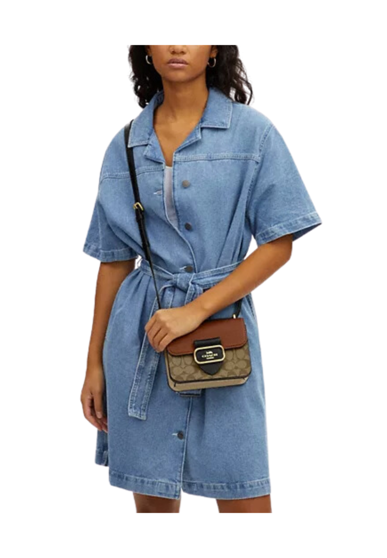 ( AS IS ) Coach Morgan Square Crossbody Bag Colorblock Signature Canvas In Khaki Multi CL462