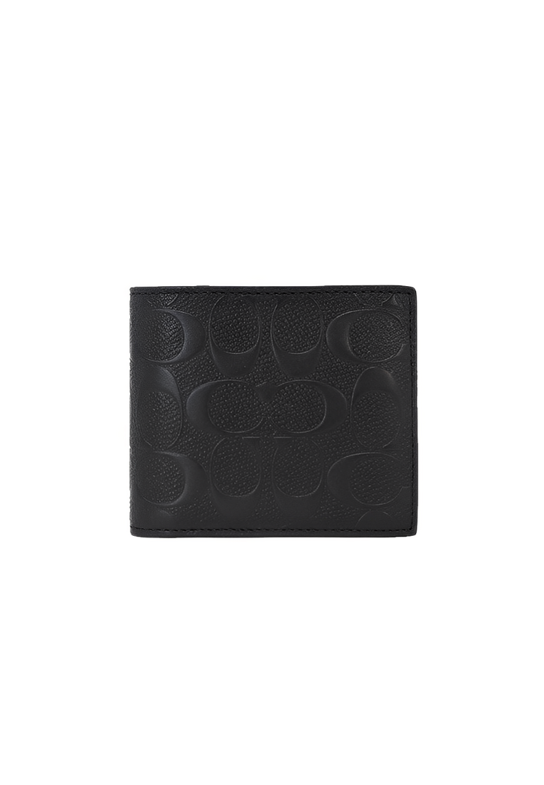 Coach Compact Id 75371 Embossed Leather Wallet In Black