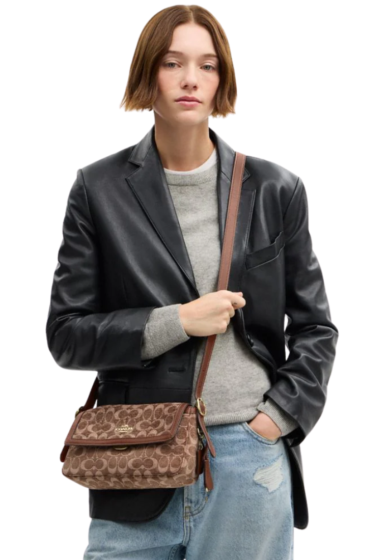 Coach Etta Small Flap Shoulder Bag In Signature Chenille In Vintage Brown CCV65