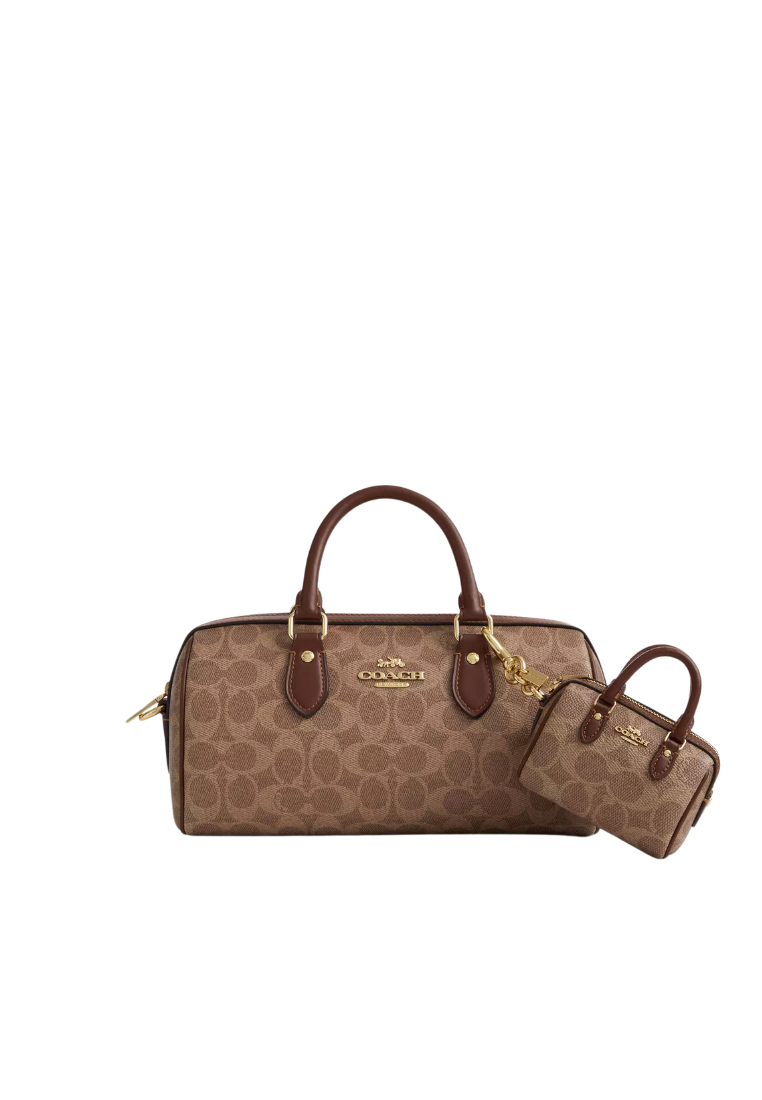 ( PREORDER ) Coach Mini Rowan Bag In Signature Canvas Charm In Gold Tan Brown CX068