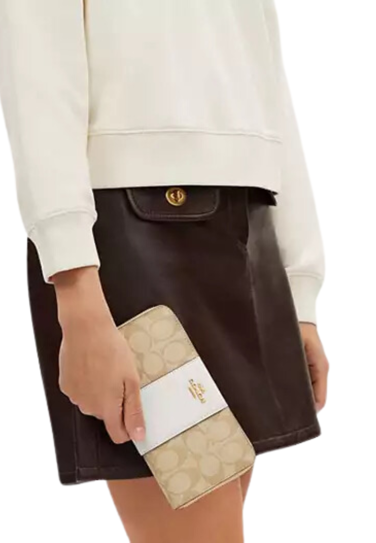 Coach Long Zip Around Wallet In Signature Canvas With Stripe In Light Khaki Chalk Saddle CR624