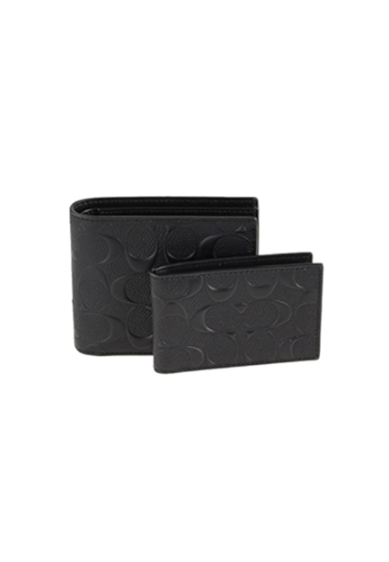 Coach Compact Id 75371 Embossed Leather Wallet In Black
