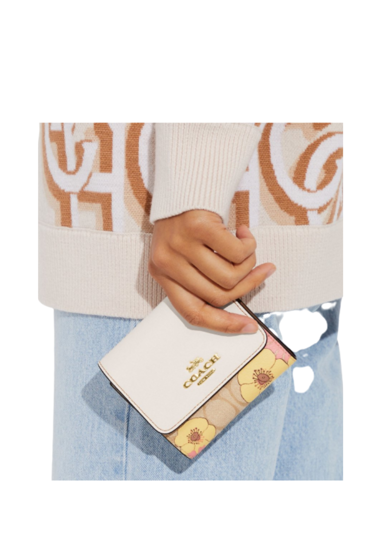 Coach Small CH719 Trifold Wallet In Signature Canvas With Floral Cluster Print In Light Khaki Multi