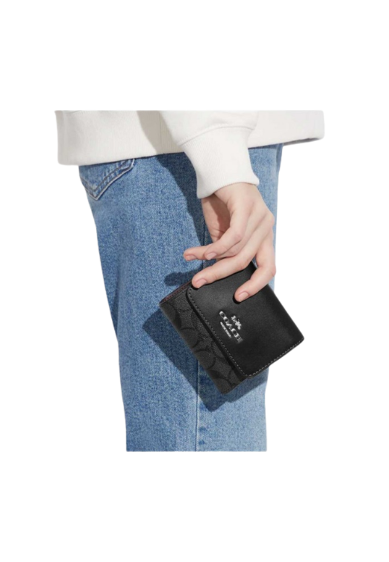 Coach Small Trifold Wallet CE930 With Blocked Signature Canvas In Silver Graphite Black