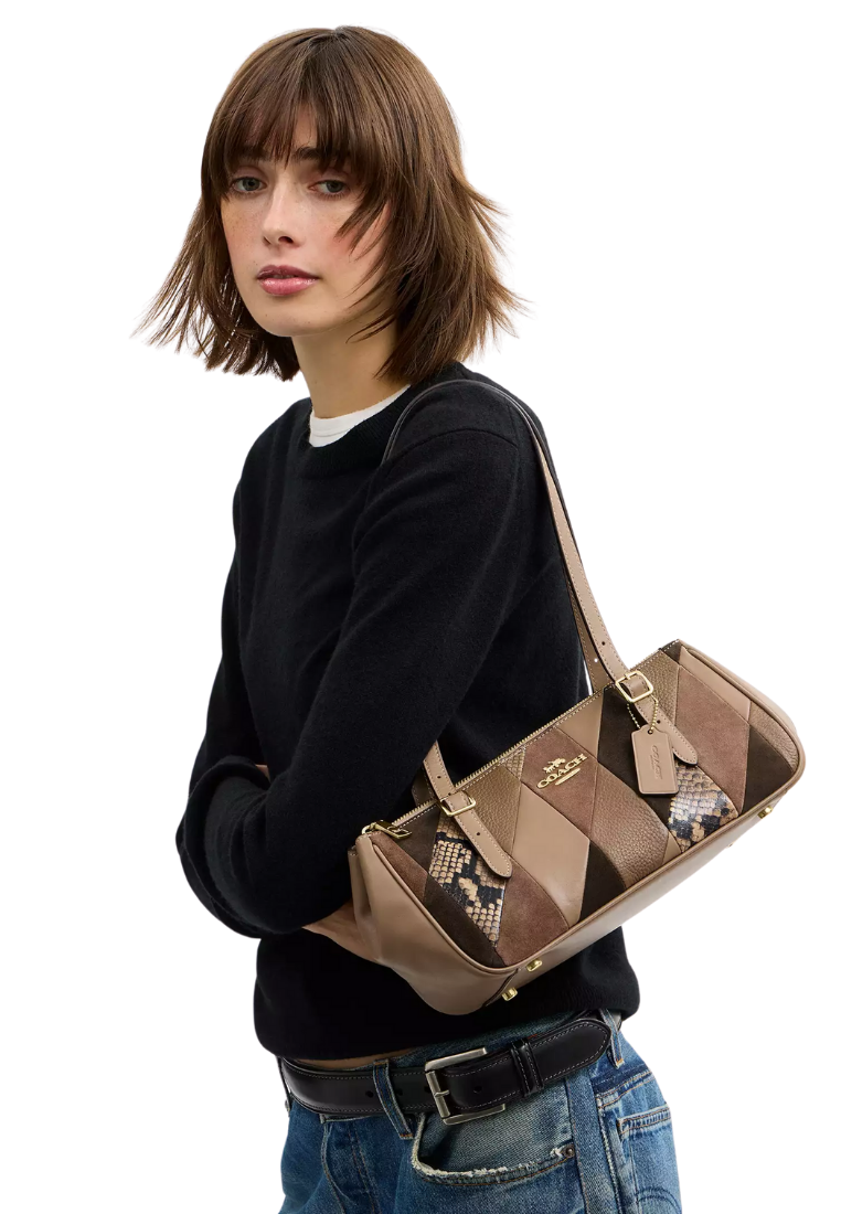 ( PREORDER ) Coach Asher With Patchwork Shoulder Bag In Mushroom Multi CCJ05