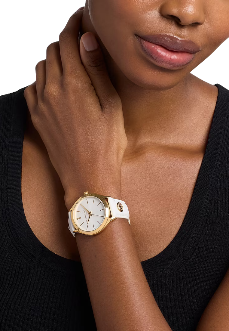 ( PREORDER ) Michael Kors Slim Runway Gold-Tone Leather Watch In Optic White MK7544