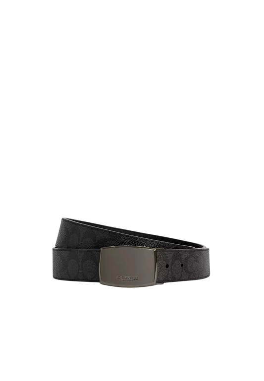 ( PREORDER ) Coach Boxed Plaque And Harness Buckle Cut To Size Reversible Belt In Gunmetal Charcoal Black CW362