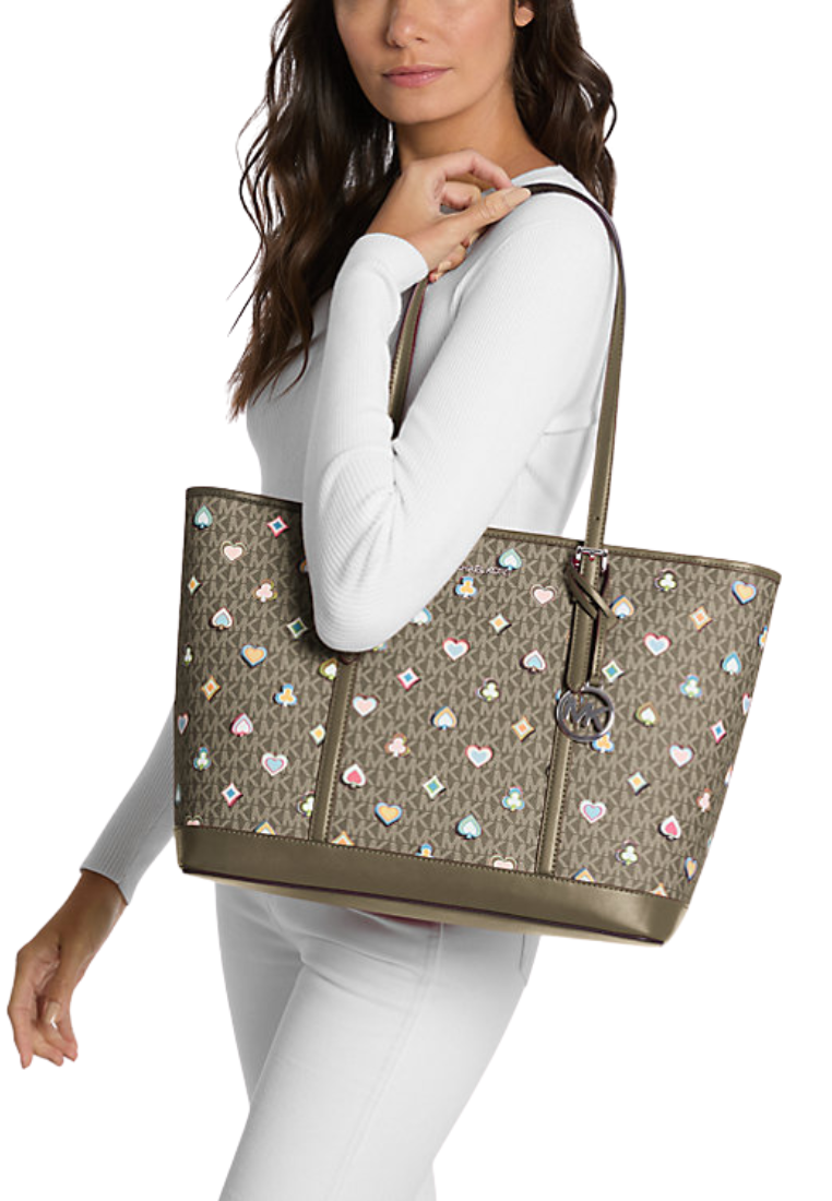 Michael Kors Jet Set Large Printed Signature Logo Tote Bag In Olive 35F5STVT3U