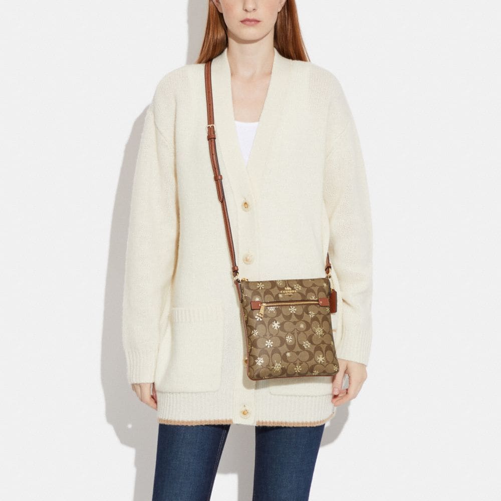 Coach Mini Rowan File Bag CF285 Signature Canvas With Snowflake Print In Khaki Gold Multi