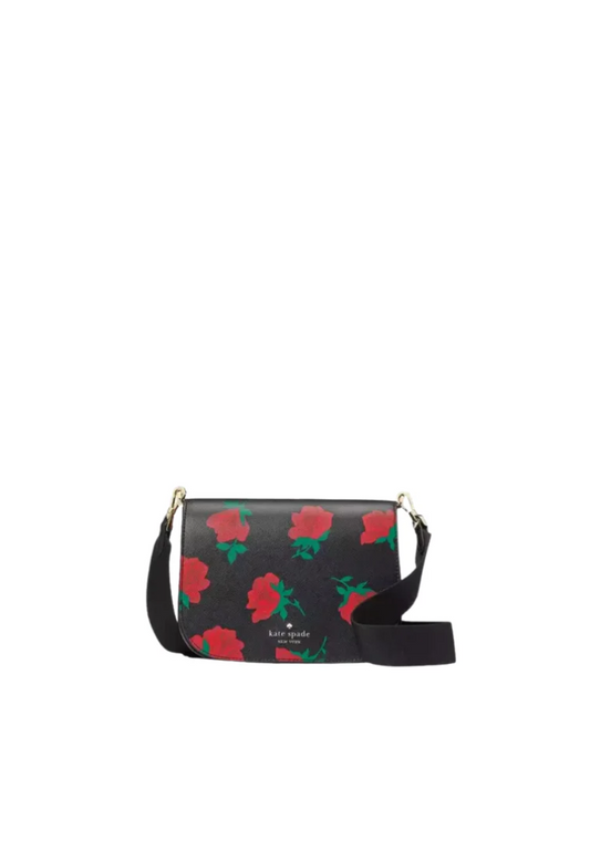 Kate Spade Madison Saddle Bag Rose Toss Printed In Black Multi KE533