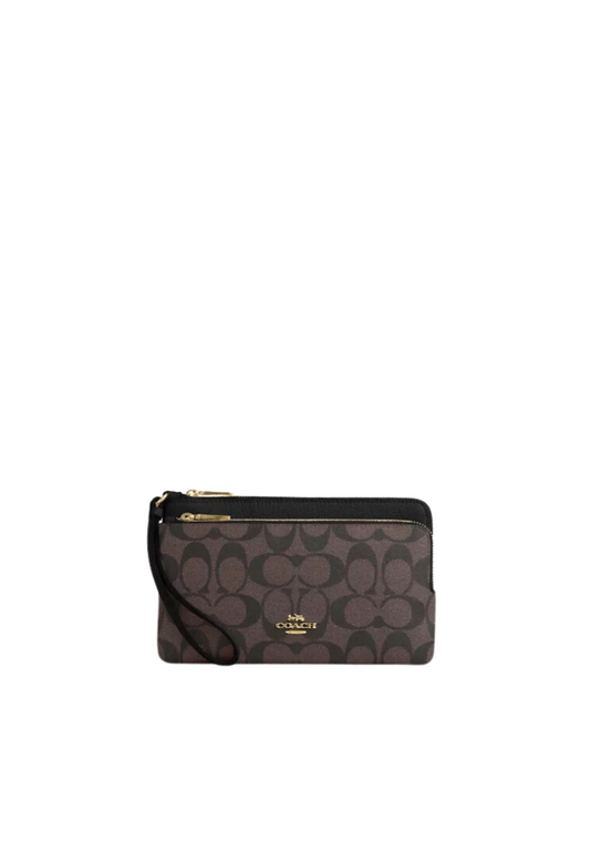 Coach Double Zip Wallet In Signature Canvas In Brown Black CU920