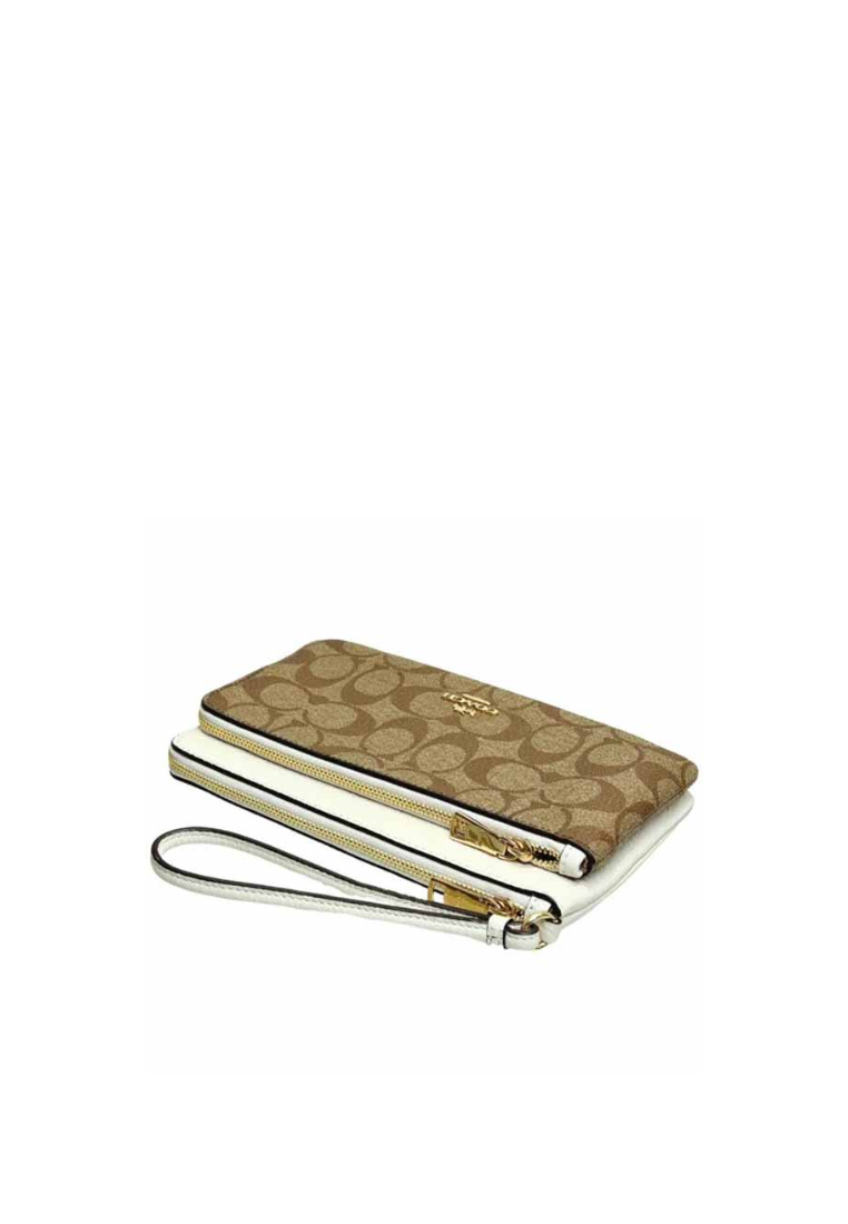 Coach Double Zip Wristlet Signature In Khaki Chalk CU920