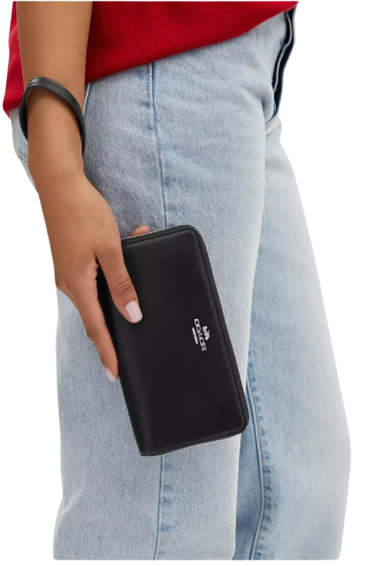 ( AS IS ) Coach Long Zip Around Wallet In Silver Black CR623