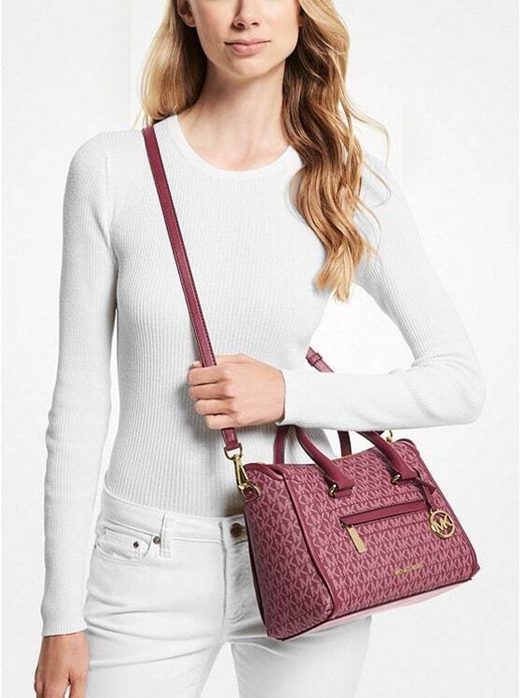 Michael Kors Signature Carine 35F2GCCS2B Medium Top Zip Satchel In Mulberry Multi