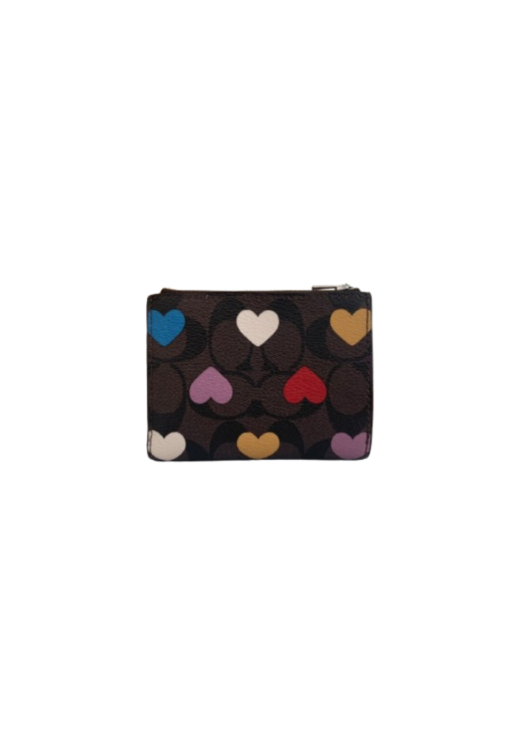( AS IS ) Coach Bifold Wallet In Signature Canvas With Heart Print In Brown Black Multi CP424