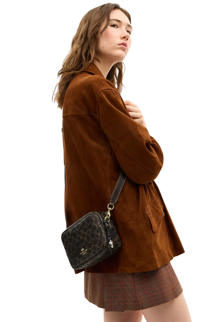 ( PREORDER ) Coach Mini Carey In Loved Signature Canvas With Charms Crossbody Bag In Gold Brown CEK73