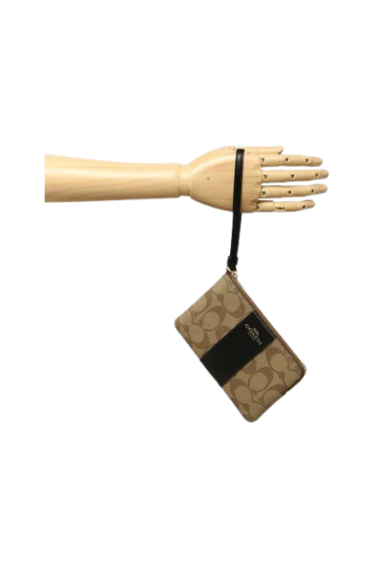 Coach Corner Zip Wristlet 58035 With Signature Canvas In Khaki Black