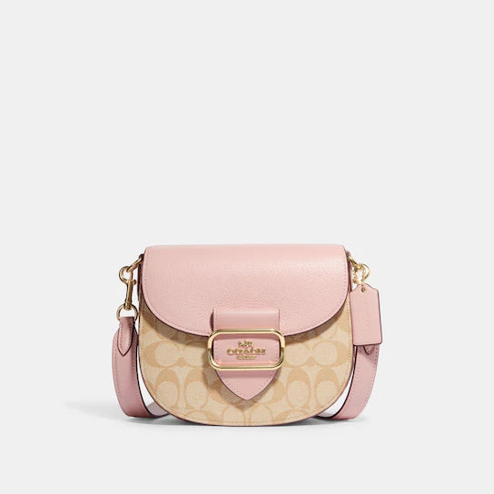 Coach Morgan CF410 Saddle Bag With Signature Canvas In Powder Pink Multi
