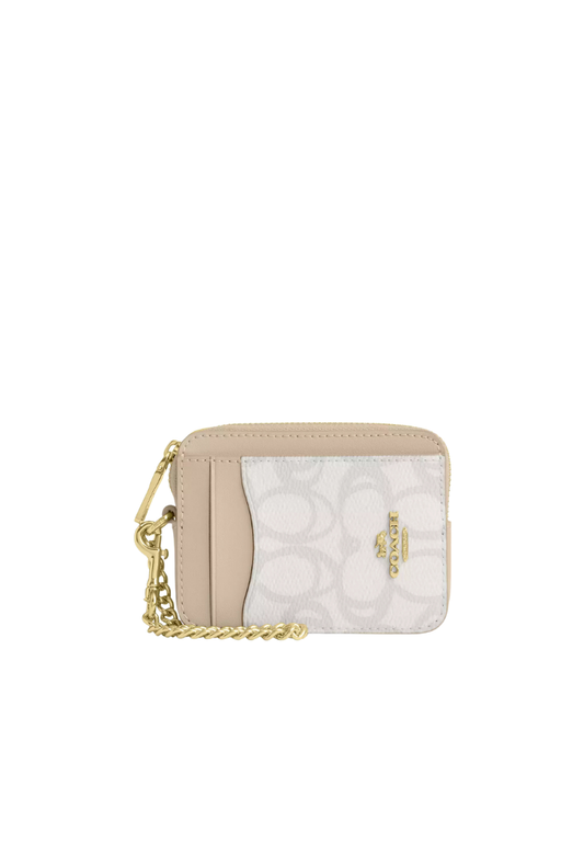 ( PREORDER ) Coach Zip In Sketch Signature Canvas Card Case In Gold Ivory CBL78