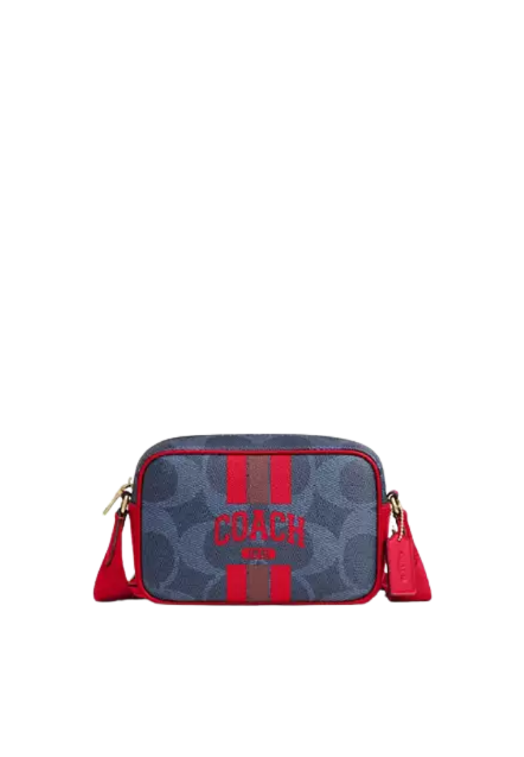 ( PREORDER ) Coach Mini Jamie In Signature Canvas With Varsity Stripe Camera Bag In Denim Bold Red CBM36