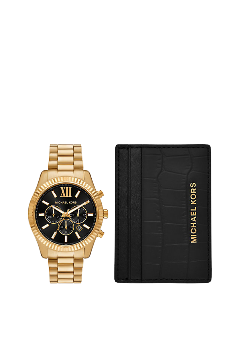 ( PREORDER ) Michael Kors Oversized Lexington Gold-Tone Watch and Crocodile Embossed Leather Gift Set In Gold MK9245SET