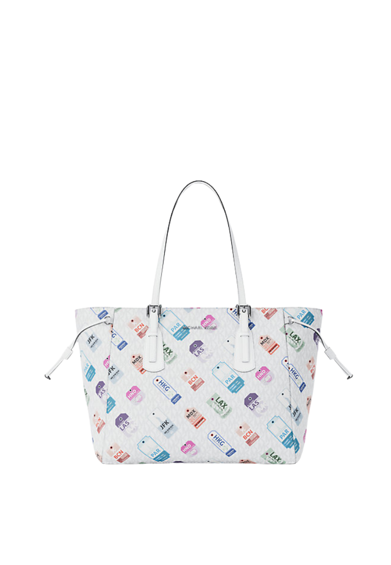 ( PREORDER ) Michael Kors Voyager Large Printed Signature Logo Tote Bag In Optic White 35R6SV6T7V