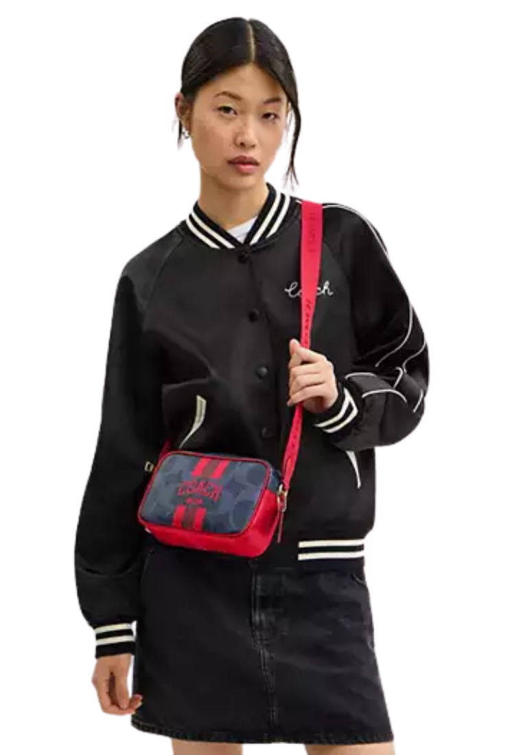 ( PREORDER ) Coach Mini Jamie In Signature Canvas With Varsity Stripe Camera Bag In Denim Bold Red CBM36