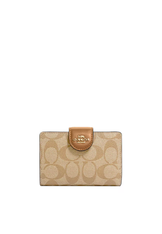 Coach Medium Corner Zip Wallet Signature In Light Khaki Light Saddle C0082