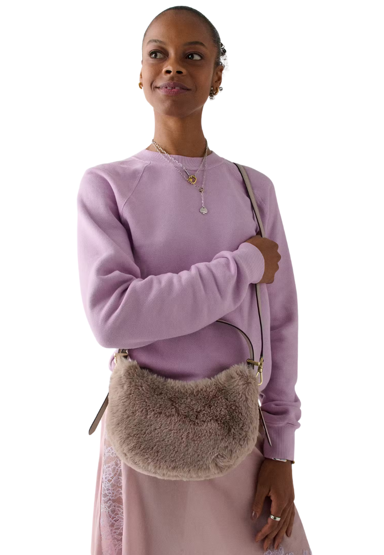 ( PREORDER ) Kate Spade Nova Faux Fur Small Crescent Shoulder Bag In Cozy Grey KM689