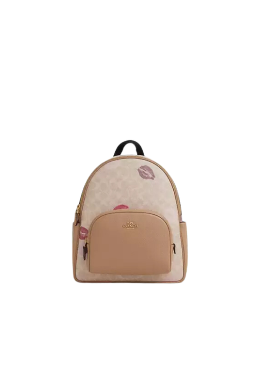 ( PREORDER ) Coach Court Backpack In Signature Canvas With Lips Print In Gold Sand Multi CZ936