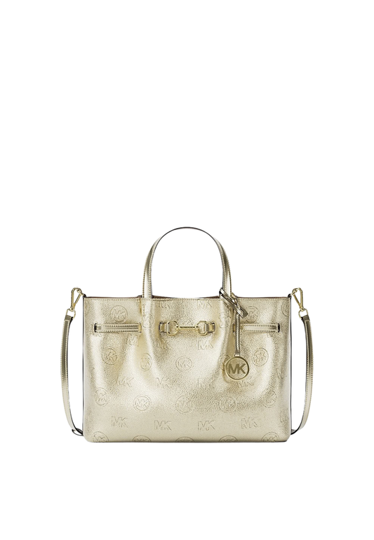 Michael Kors Carson Medium Metallic Logo Debossed Satchel Bag In Pale Gold 35R6G2ZS7M