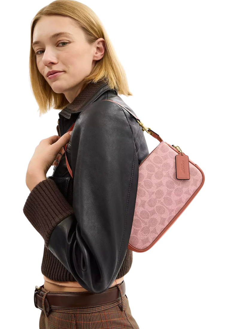 ( PREORDER ) Coach Plaza In Signature Canvas Shoulder Bag In Brass Melon Pink CCC42