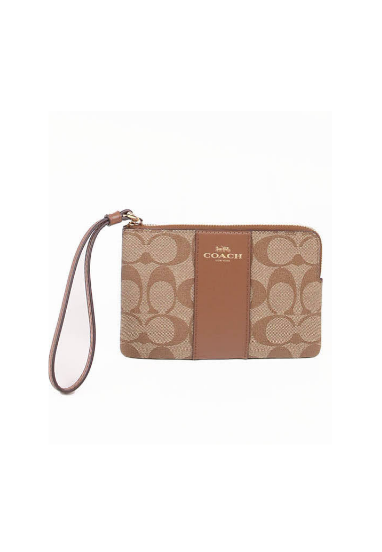 Coach Corner Zip Wristlet 58035 With Signature Canvas In Khaki Saddle