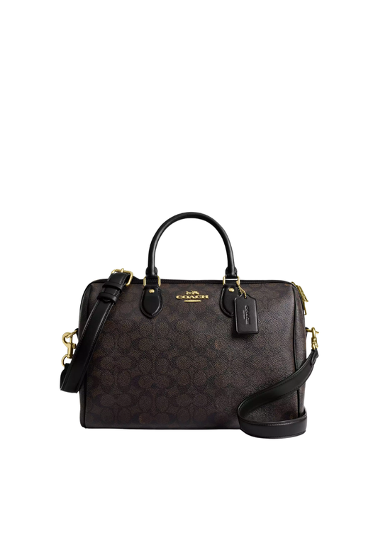 ( PREORDER ) Coach Rowan Large In Signature Canvas Satchel Bag In Gold Walnut Black CV959