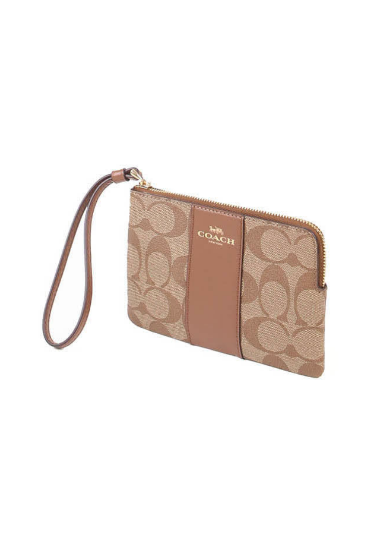 Coach Corner Zip Wristlet 58035 With Signature Canvas In Khaki Saddle