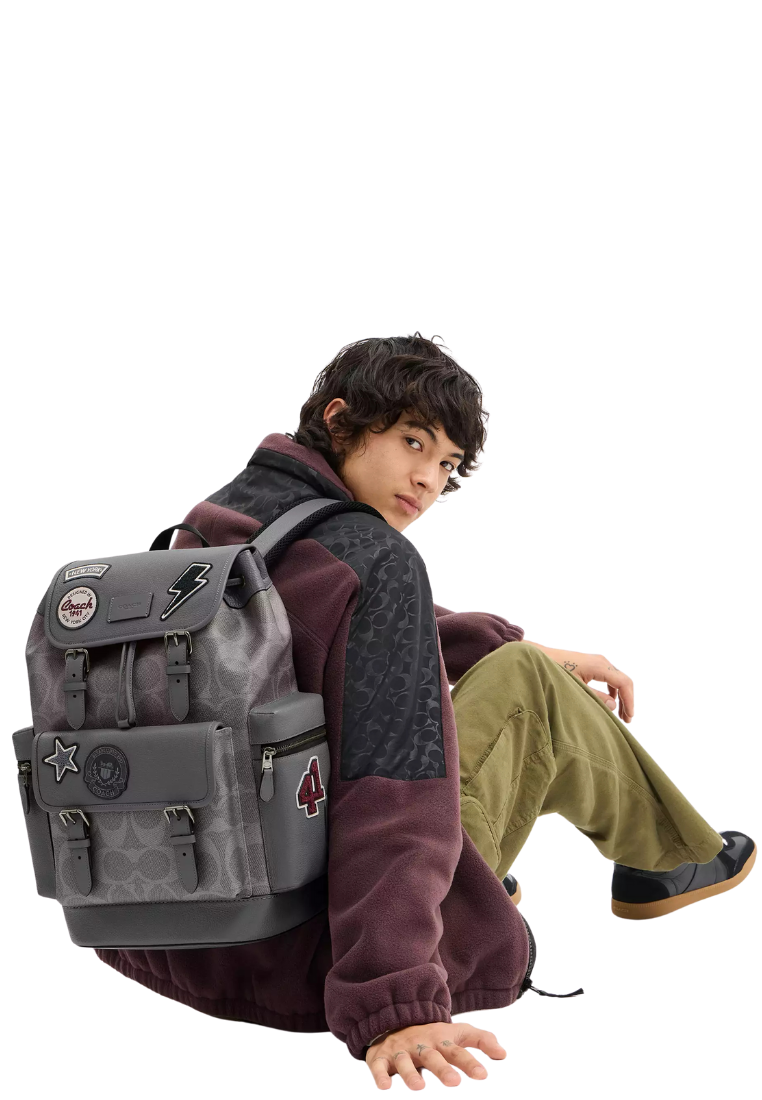 ( PREORDER ) Coach Sprint In Maxi Signature Canvas With Patches Backpack In Gunmetal Grey Multi CCG03