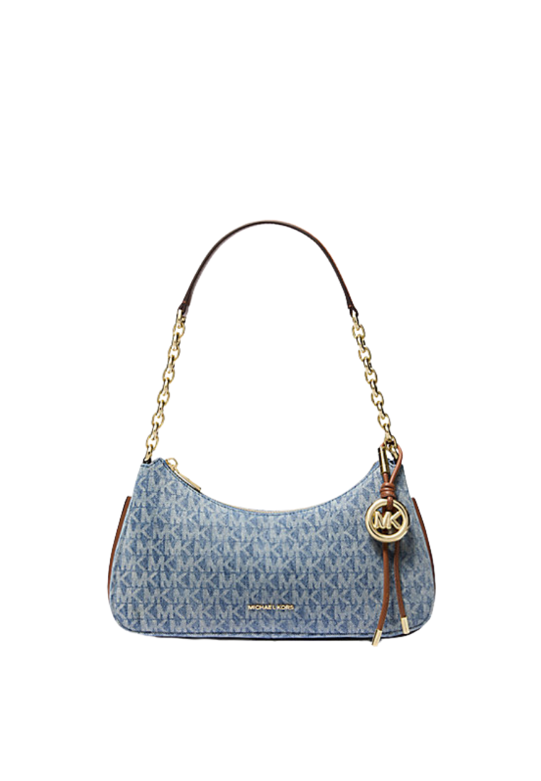 ( PREORDER ) Michael Kors Nolita Medium Signature Logo Print Denim Chain Pochette In New Horizon 32S6GY5W6C