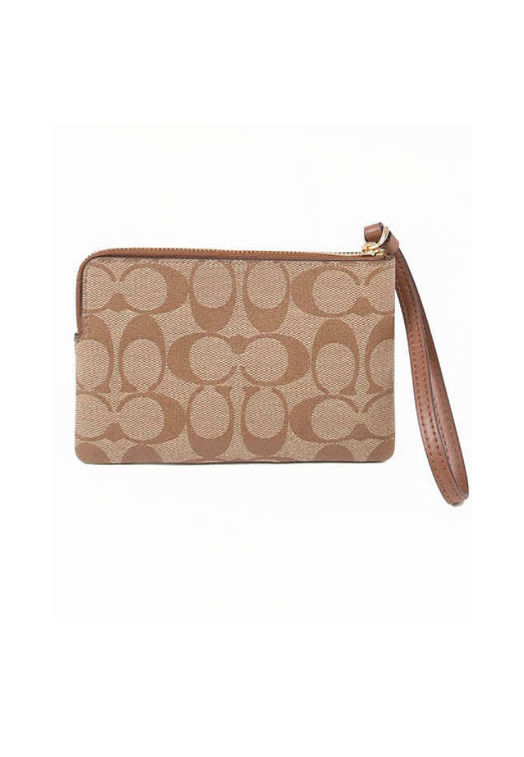 Coach Corner Zip Wristlet 58035 With Signature Canvas In Khaki Saddle