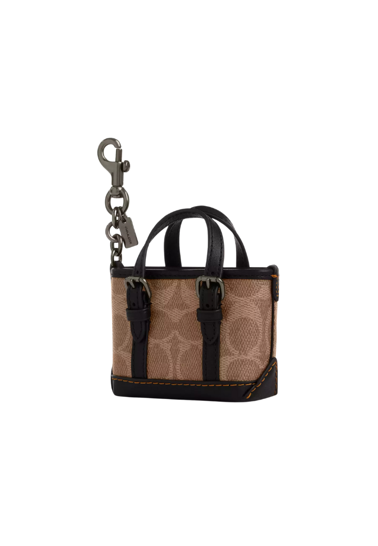 ( PREORDER ) Coach Mini Warner Tote Bag In Signature Canvas Charm In Tan Black CBK64