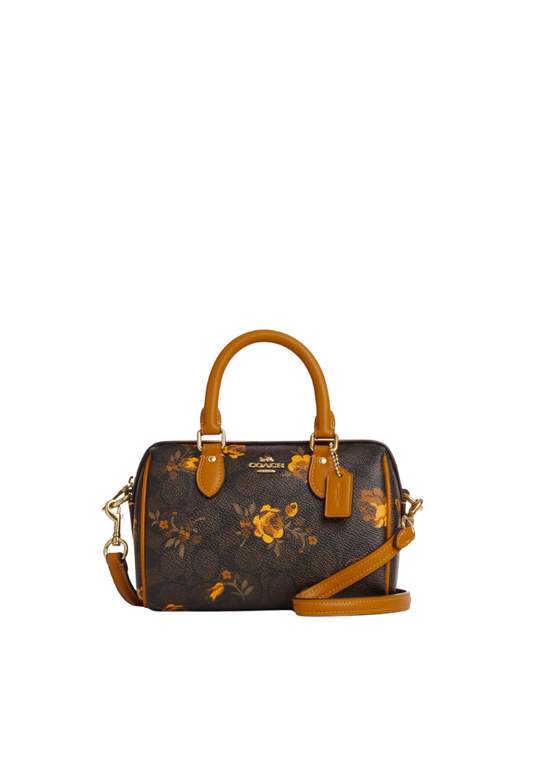 ( PREORDER ) Coach Mini Rowan In Signature Canvas With Floral Print Crossbody Bag In Walnut Yellow CCF31