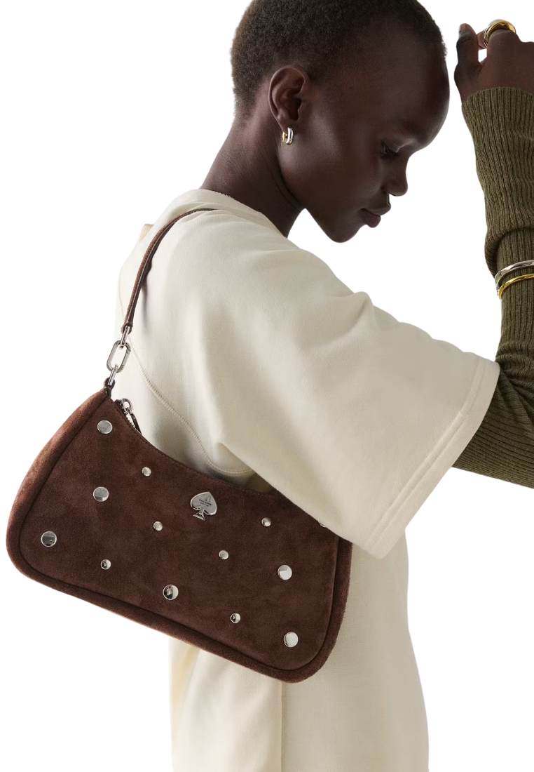 ( PREORDER ) Kate Spade Kayla Suede Studs Small Convertible Shoulder Bag In Hot Fudge KM670