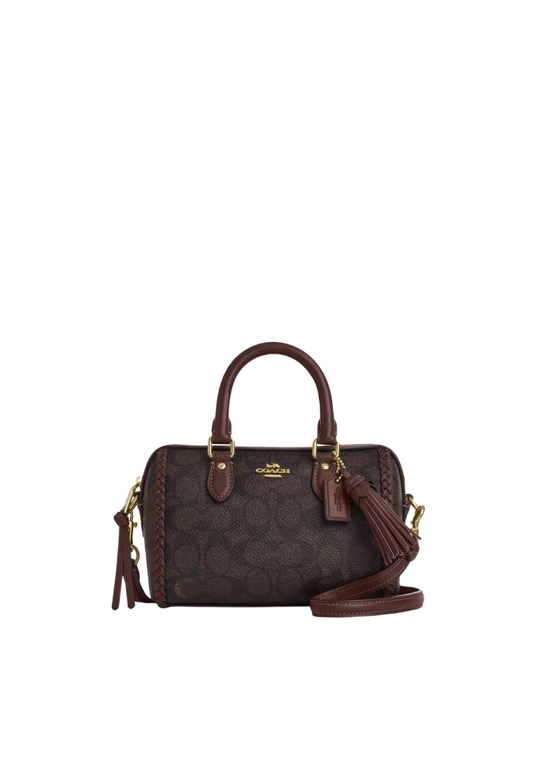 ( PREORDER ) Coach Mini Rowan In Signature Canvas With Fringe Crossbody Bag In Walnut Maple CCF30
