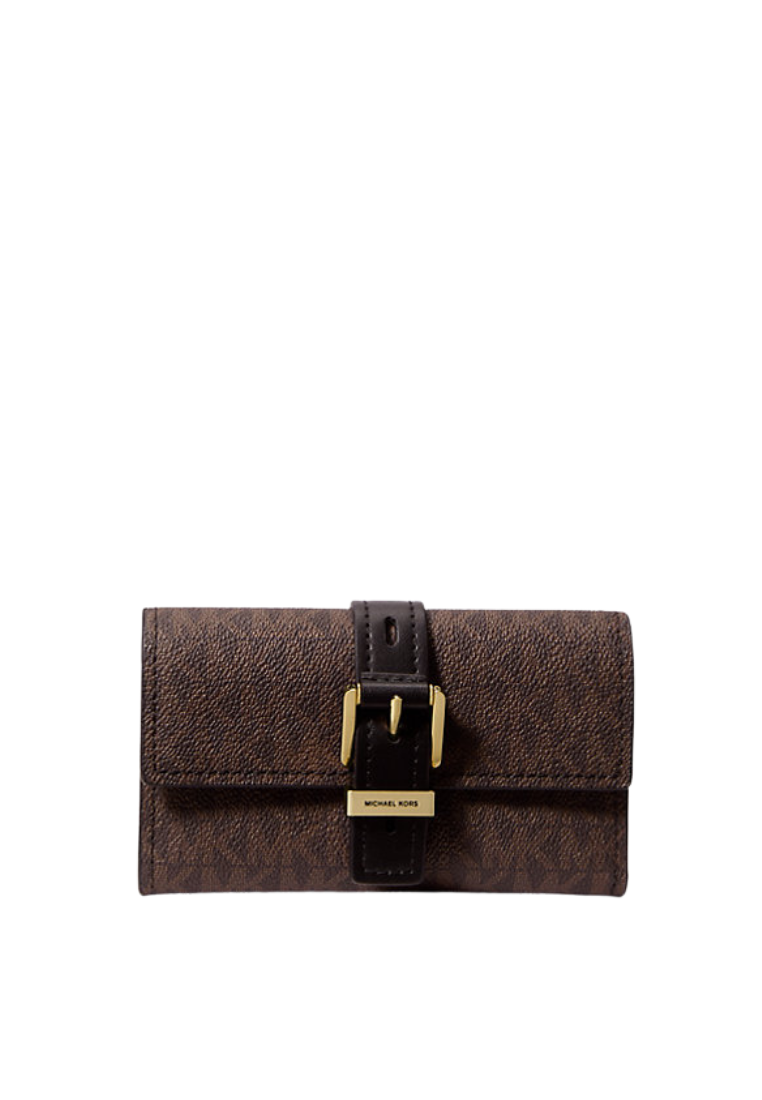 ( PREORDER ) Michael Kors Nolita Medium Signature Logo Tri-Fold Wallet In Brown Black 32F5GY5E8B