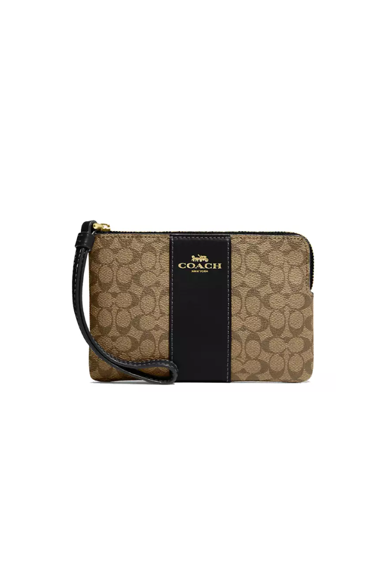 Coach Corner Zip Wristlet Micro Signature Canvas In Khaki Black CJ792