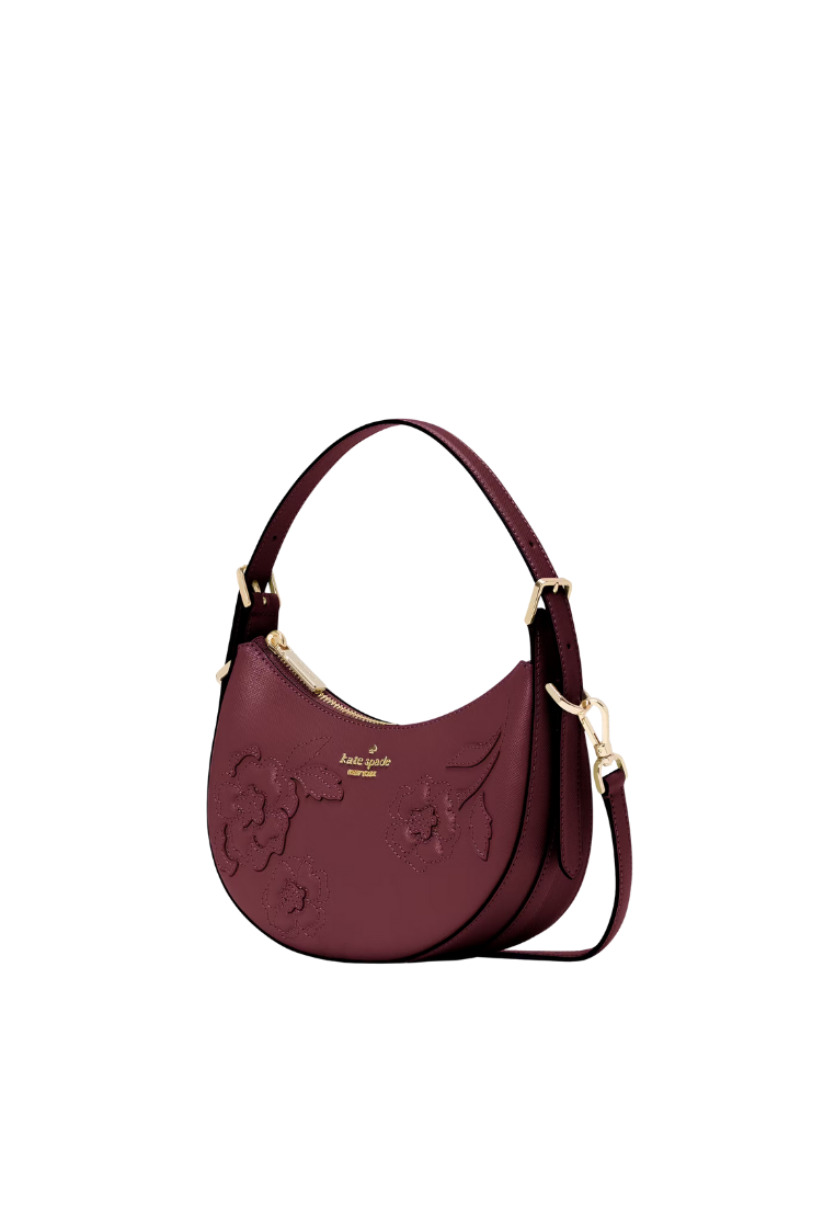 ( PREORDER ) Kate Spade Nova Floral Applique Crescent Shoulder Bag In Dark Merlot KL938