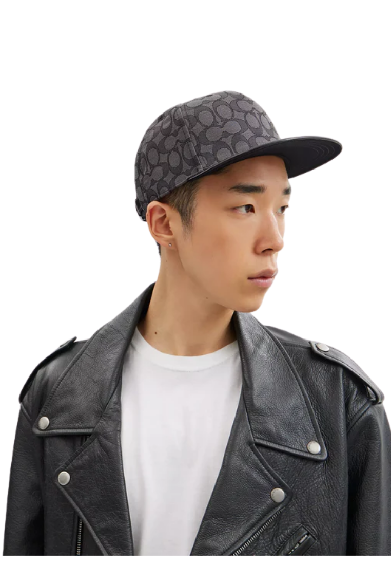 ( PREORDER ) Coach Signature Jacquard Flat Brim Hat In Charcoal Black CW764