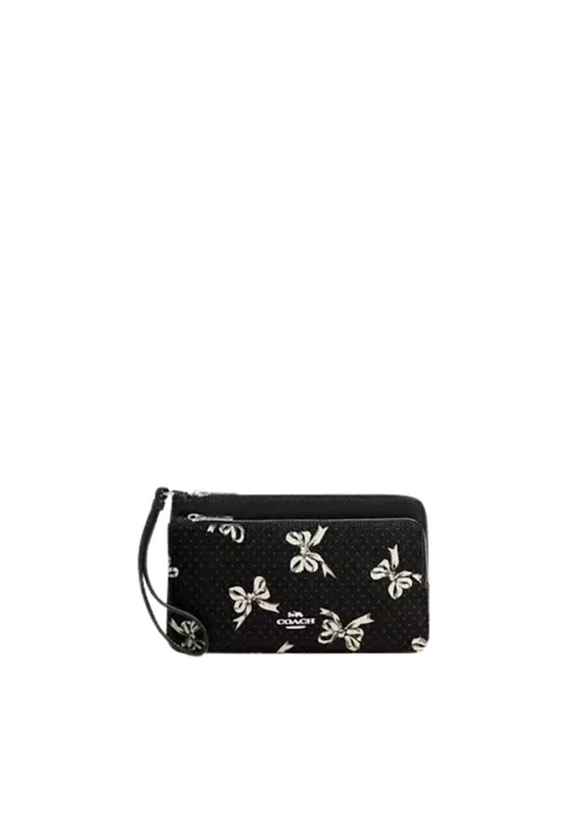 Coach Double Zip Wristlet With Bow Print In Black Multi CAA85