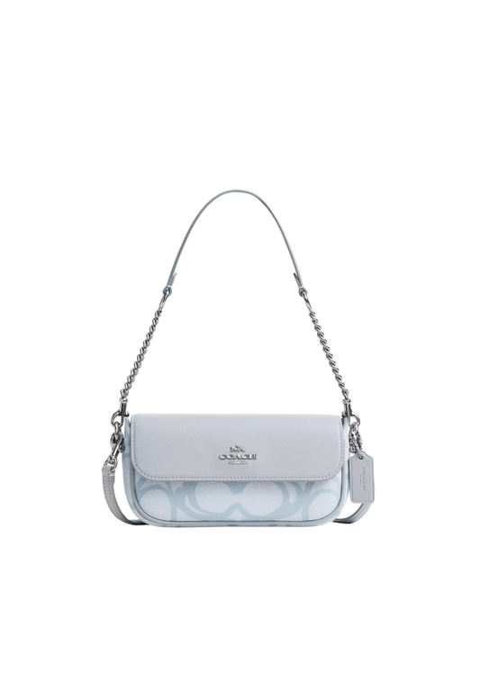 ( PREORDER ) Coach Hailey Flap In Sketch Signature Canvas Shoulder Bag In Silver Ice Blue CBJ18